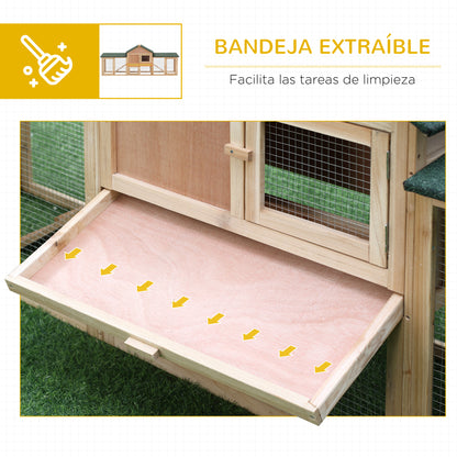 Large Outdoor Rabbit Hutch Wooden Cage for 2-4 Rabbits with Asphalt Roof Wire Enclosure Removable Tray and Ramps 210x45.5x84.5 cm Natural and Green