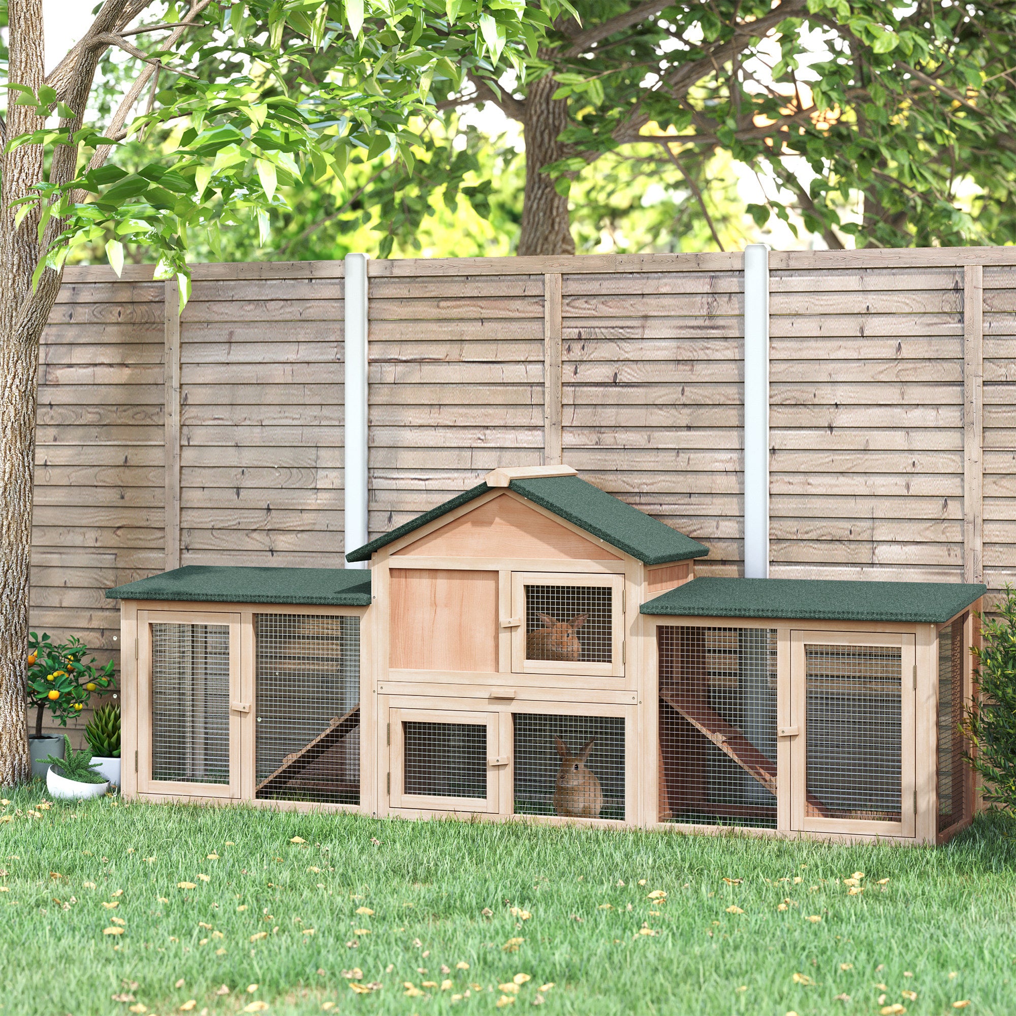 Large Outdoor Rabbit Hutch Wooden Cage for 2-4 Rabbits with Asphalt Roof Wire Enclosure Removable Tray and Ramps 210x45.5x84.5 cm Natural and Green