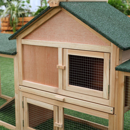 Large Outdoor Rabbit Hutch Wooden Cage for 2-4 Rabbits with Asphalt Roof Wire Enclosure Removable Tray and Ramps 210x45.5x84.5 cm Natural and Green