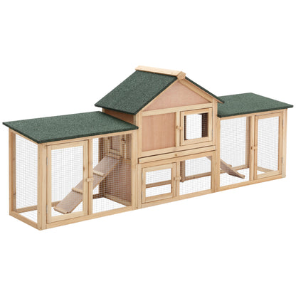 Large Outdoor Rabbit Hutch Wooden Cage for 2-4 Rabbits with Asphalt Roof Wire Enclosure Removable Tray and Ramps 210x45.5x84.5 cm Natural and Green