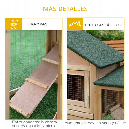 Large Outdoor Rabbit Hutch Wooden Cage for 2-4 Rabbits with Asphalt Roof Wire Enclosure Removable Tray and Ramps 210x45.5x84.5 cm Natural and Green