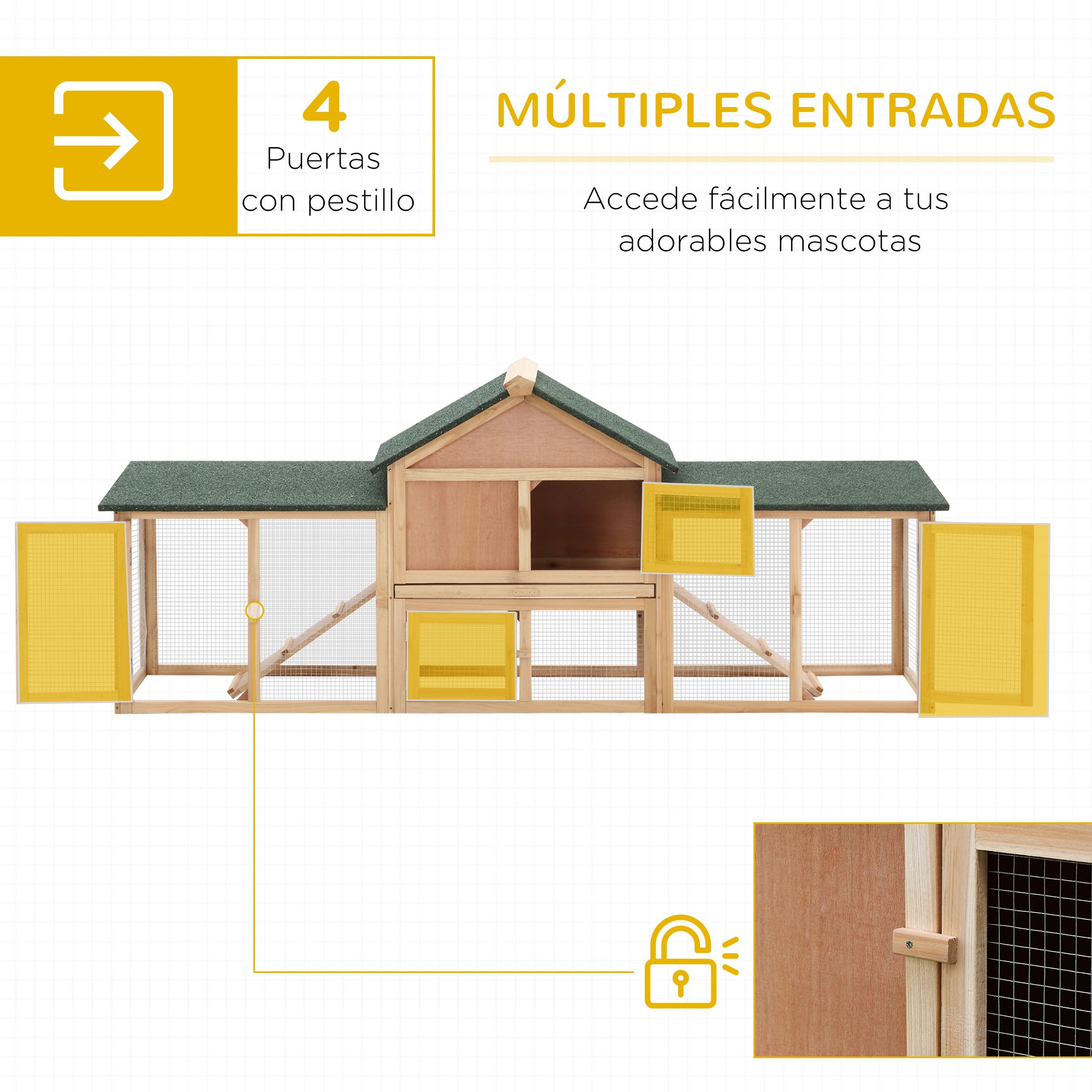 Large Outdoor Rabbit Hutch Wooden Cage for 2-4 Rabbits with Asphalt Roof Wire Enclosure Removable Tray and Ramps 210x45.5x84.5 cm Natural and Green