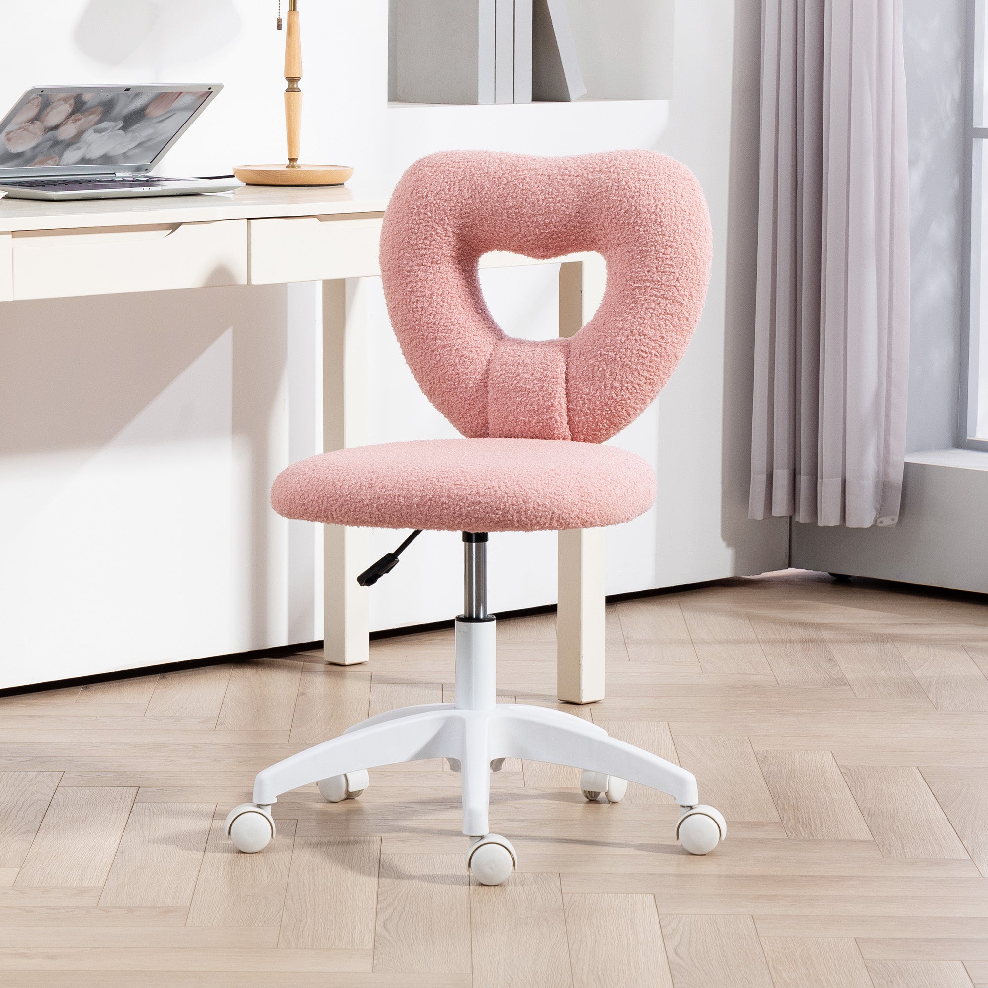 Desk Chair Office Chair Swivel Home Office Chair with Heart-shaped Backrest, Armless Height Adjustable Teddy Fleece Vanity Chair for Study Room, Pink