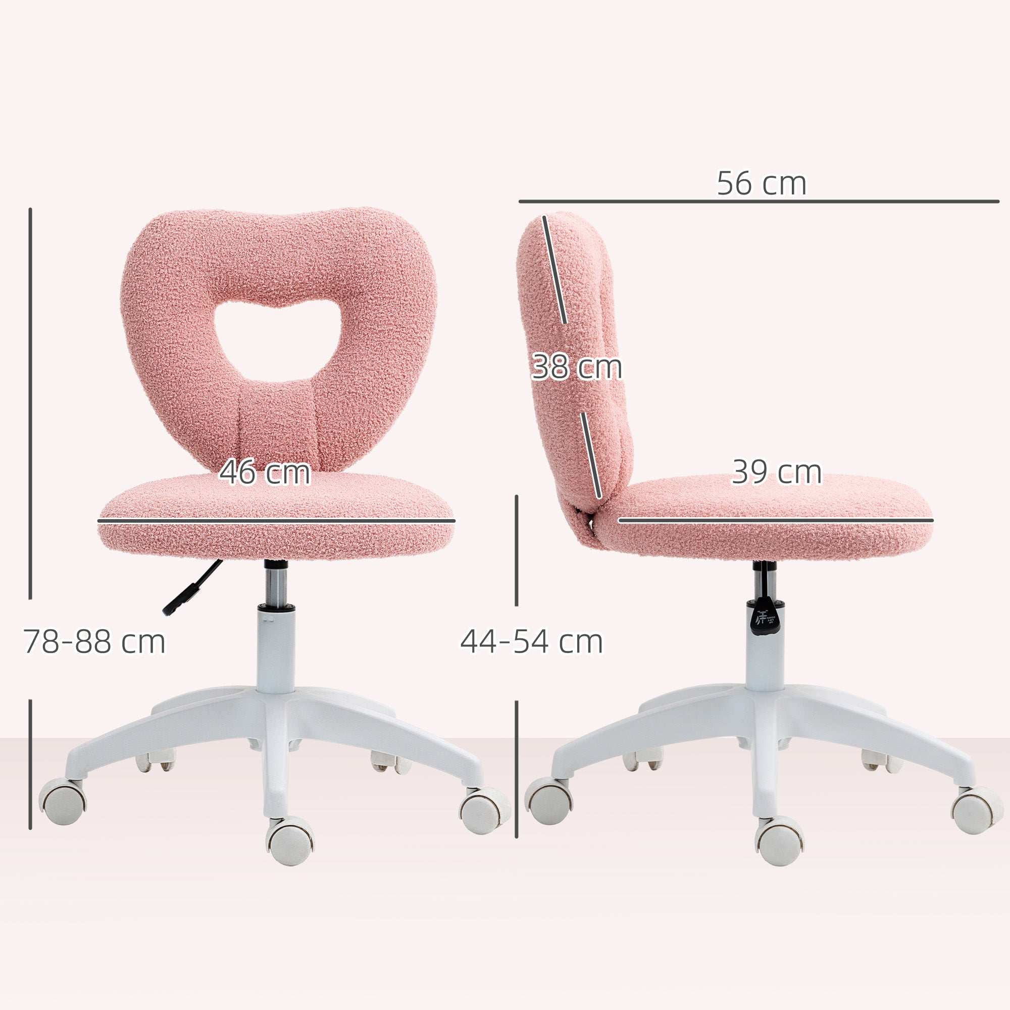 Desk Chair Office Chair Swivel Home Office Chair with Heart-shaped Backrest, Armless Height Adjustable Teddy Fleece Vanity Chair for Study Room, Pink