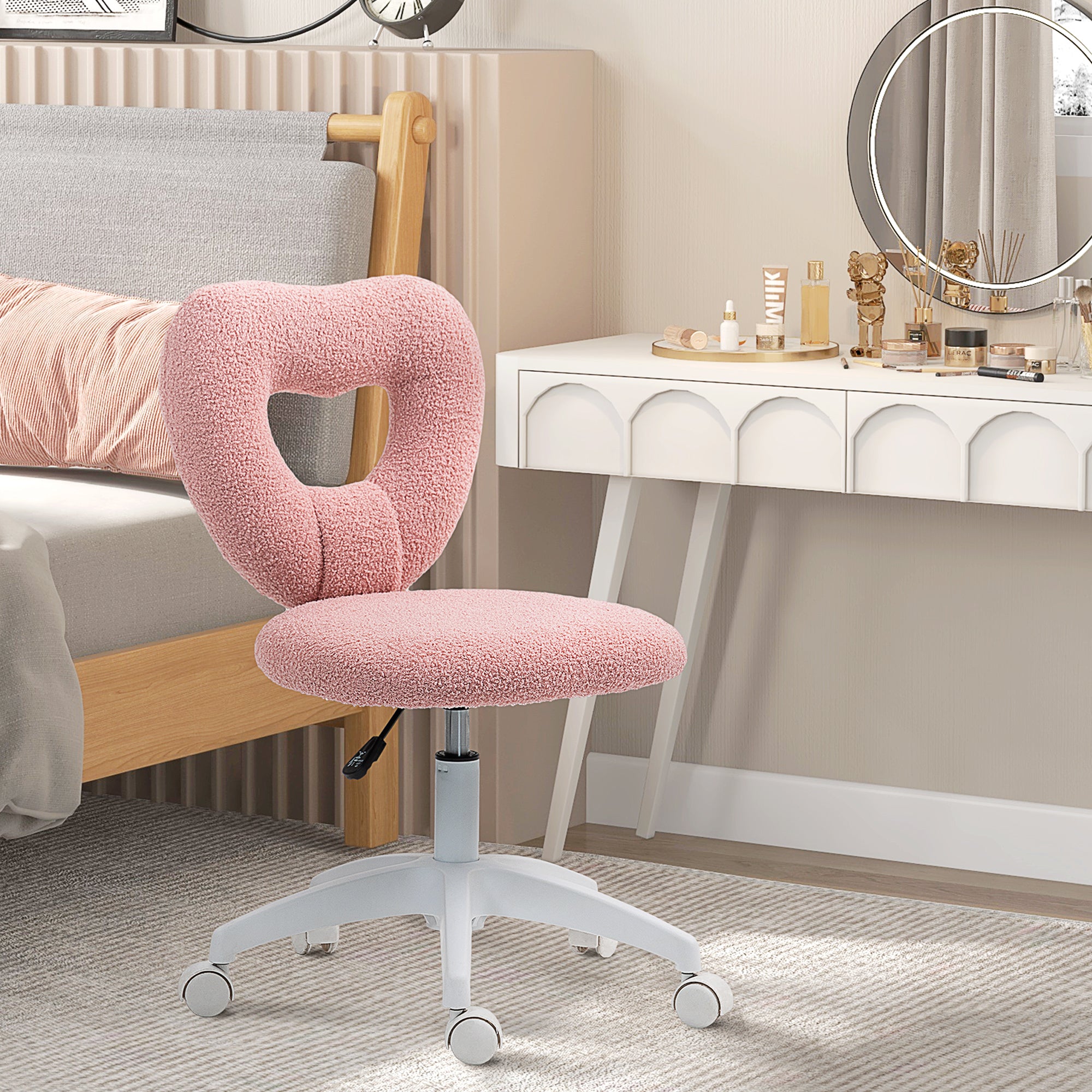 Desk Chair Office Chair Swivel Home Office Chair with Heart-shaped Backrest, Armless Height Adjustable Teddy Fleece Vanity Chair for Study Room, Pink