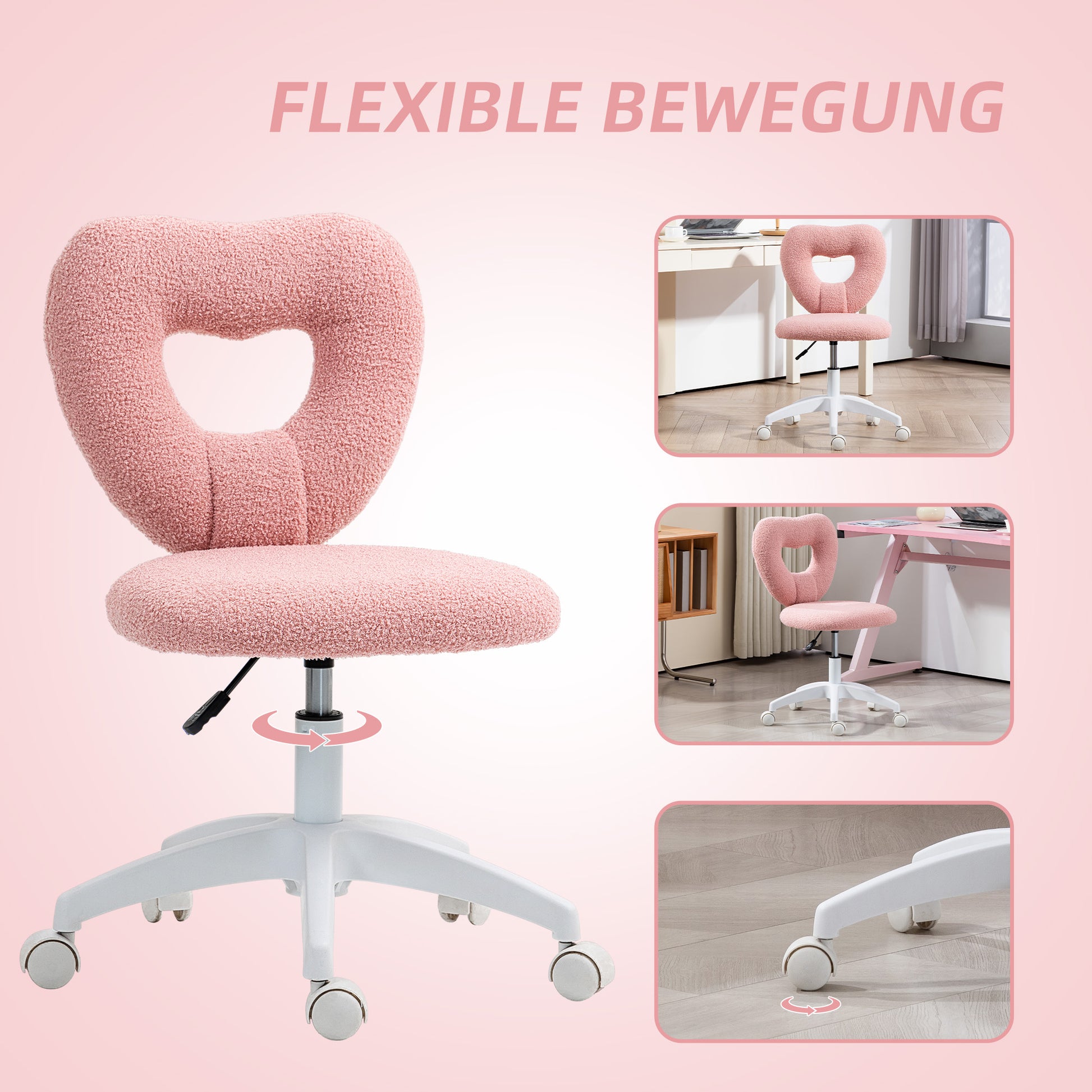 Desk Chair Office Chair Swivel Home Office Chair with Heart-shaped Backrest, Armless Height Adjustable Teddy Fleece Vanity Chair for Study Room, Pink