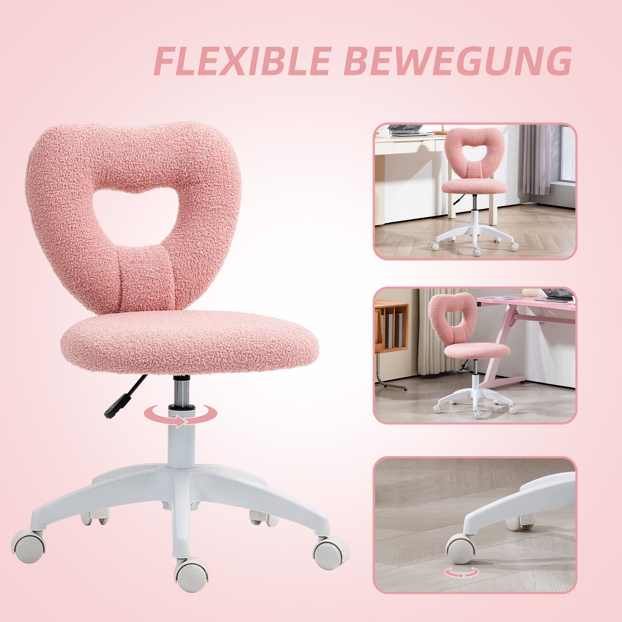 Desk Chair Office Chair Swivel Home Office Chair with Heart-shaped Backrest, Armless Height Adjustable Teddy Fleece Vanity Chair for Study Room, Pink