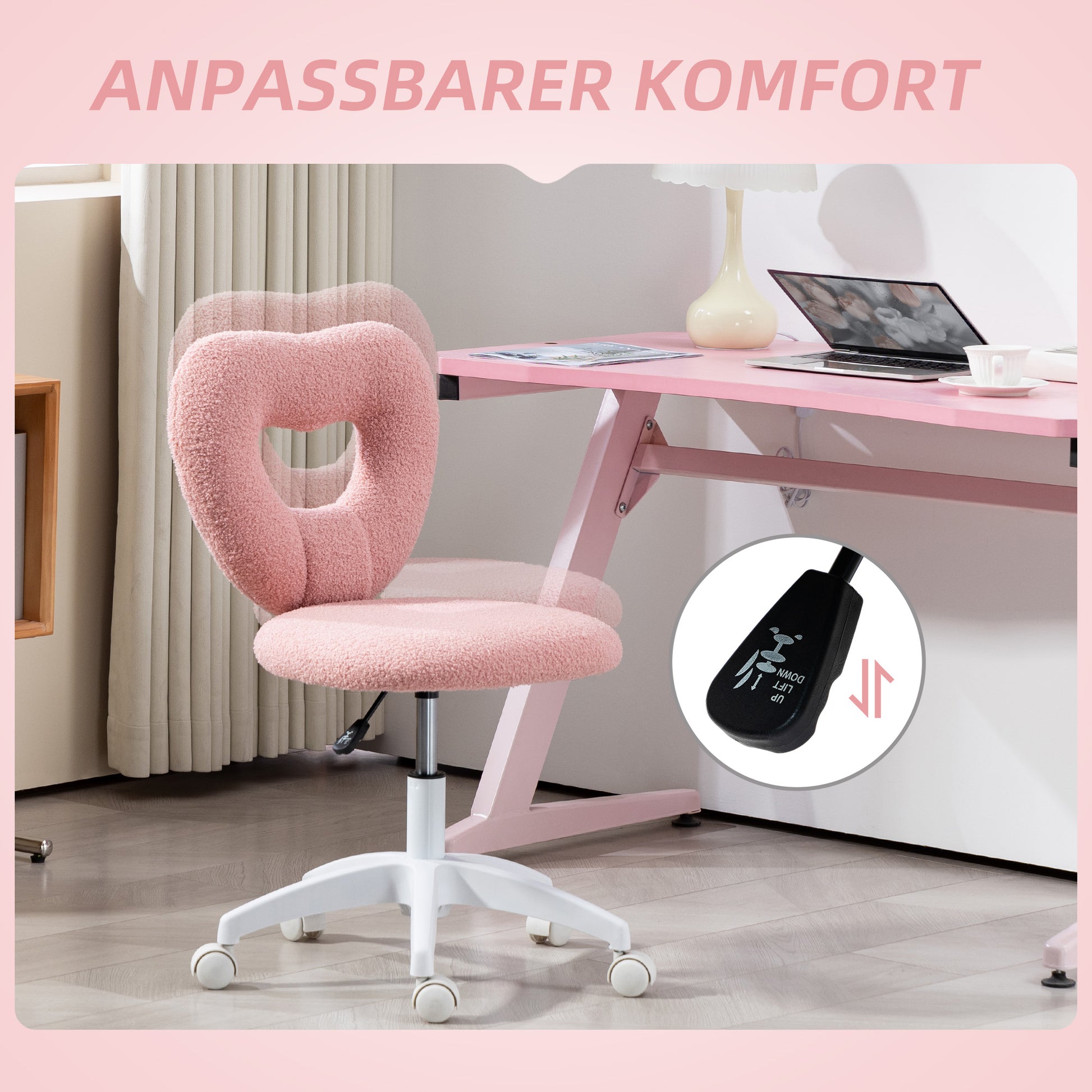 Desk Chair Office Chair Swivel Home Office Chair with Heart-shaped Backrest, Armless Height Adjustable Teddy Fleece Vanity Chair for Study Room, Pink