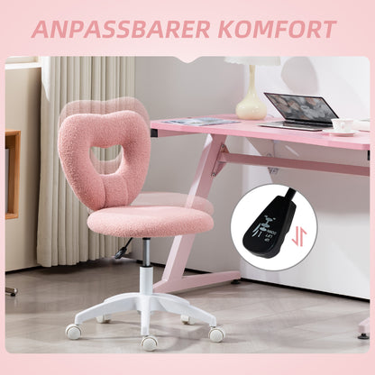Desk Chair Office Chair Swivel Home Office Chair with Heart-shaped Backrest, Armless Height Adjustable Teddy Fleece Vanity Chair for Study Room, Pink