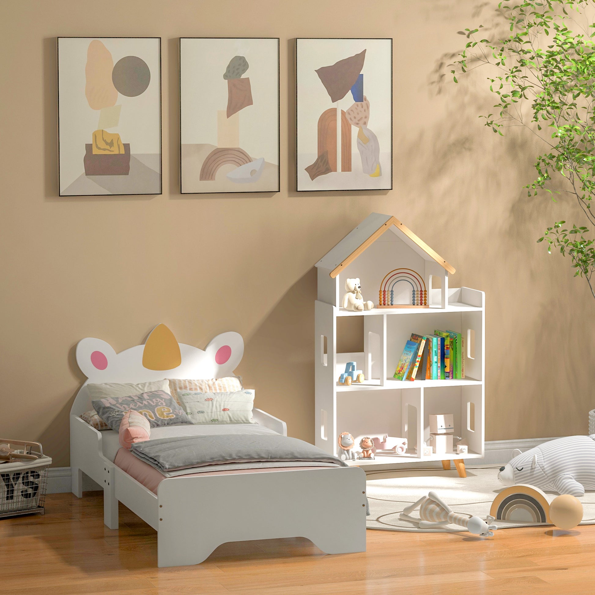ZONEKIZ Children's Toy Shelf Organizer with 3 Levels and 1 Roof Load 50 kg for Playroom Nursery 65x25x108.5 cm White