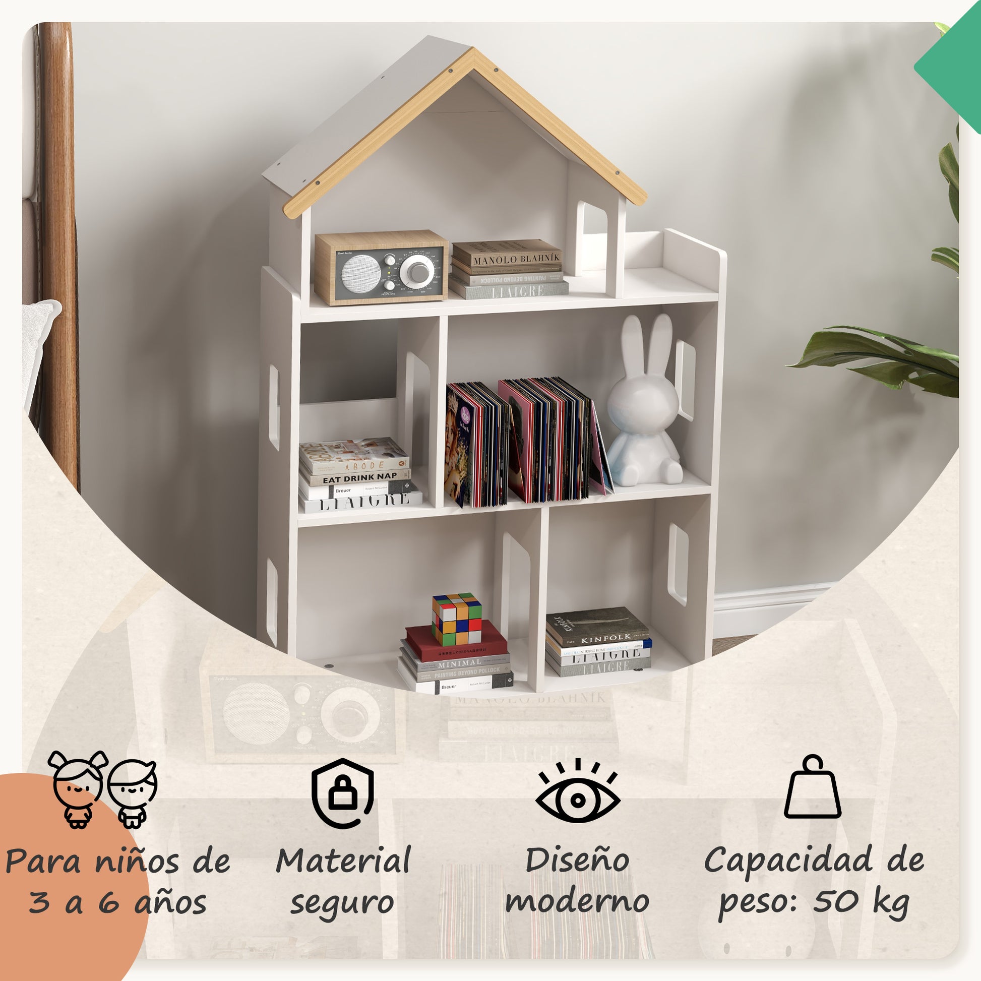 ZONEKIZ Children's Toy Shelf Organizer with 3 Levels and 1 Roof Load 50 kg for Playroom Nursery 65x25x108.5 cm White