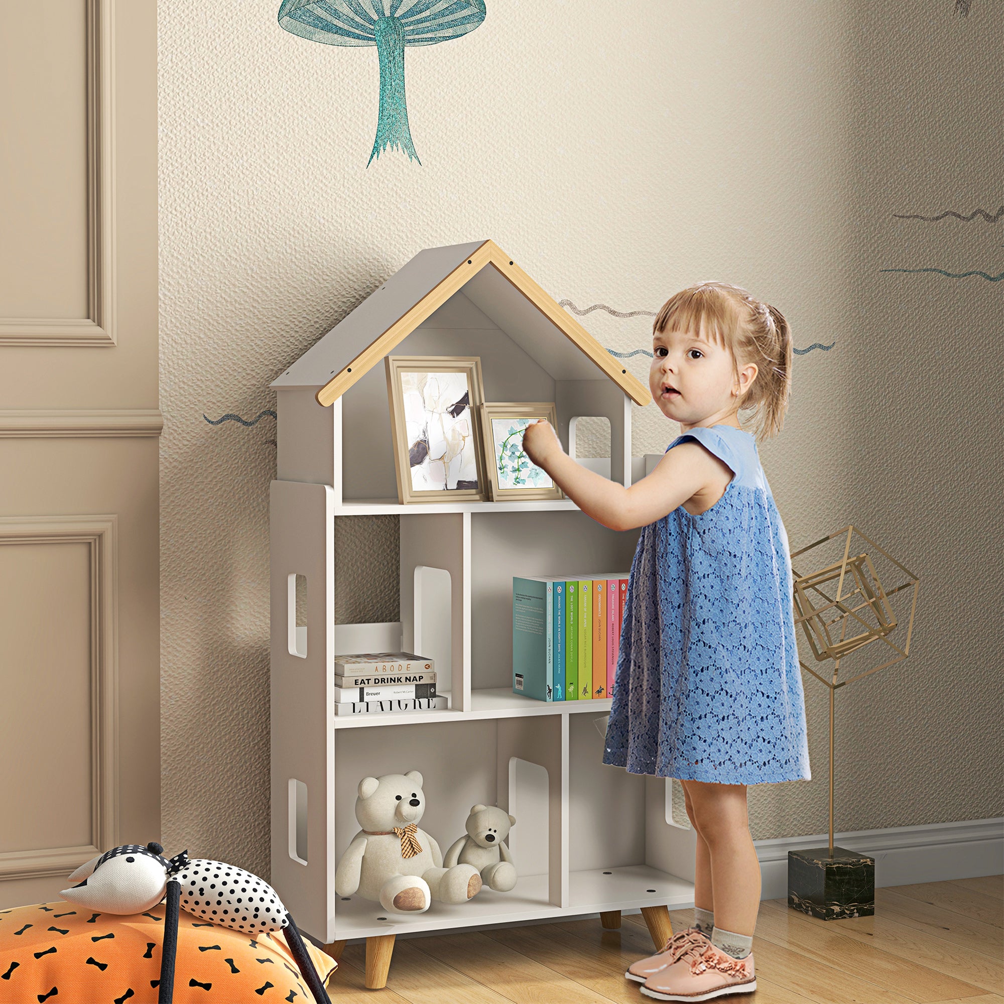 ZONEKIZ Children's Toy Shelf Organizer with 3 Levels and 1 Roof Load 50 kg for Playroom Nursery 65x25x108.5 cm White