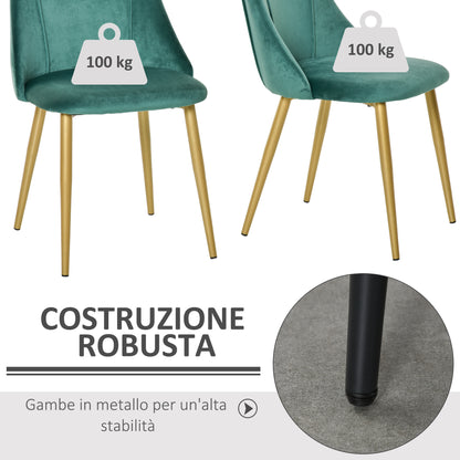 Set of 2 Modern Upholstered Dining Chairs with Backrest, Iron Legs for Kitchen, Living Room or Lounge in Modern Style, Green, 50x56.5x85cm