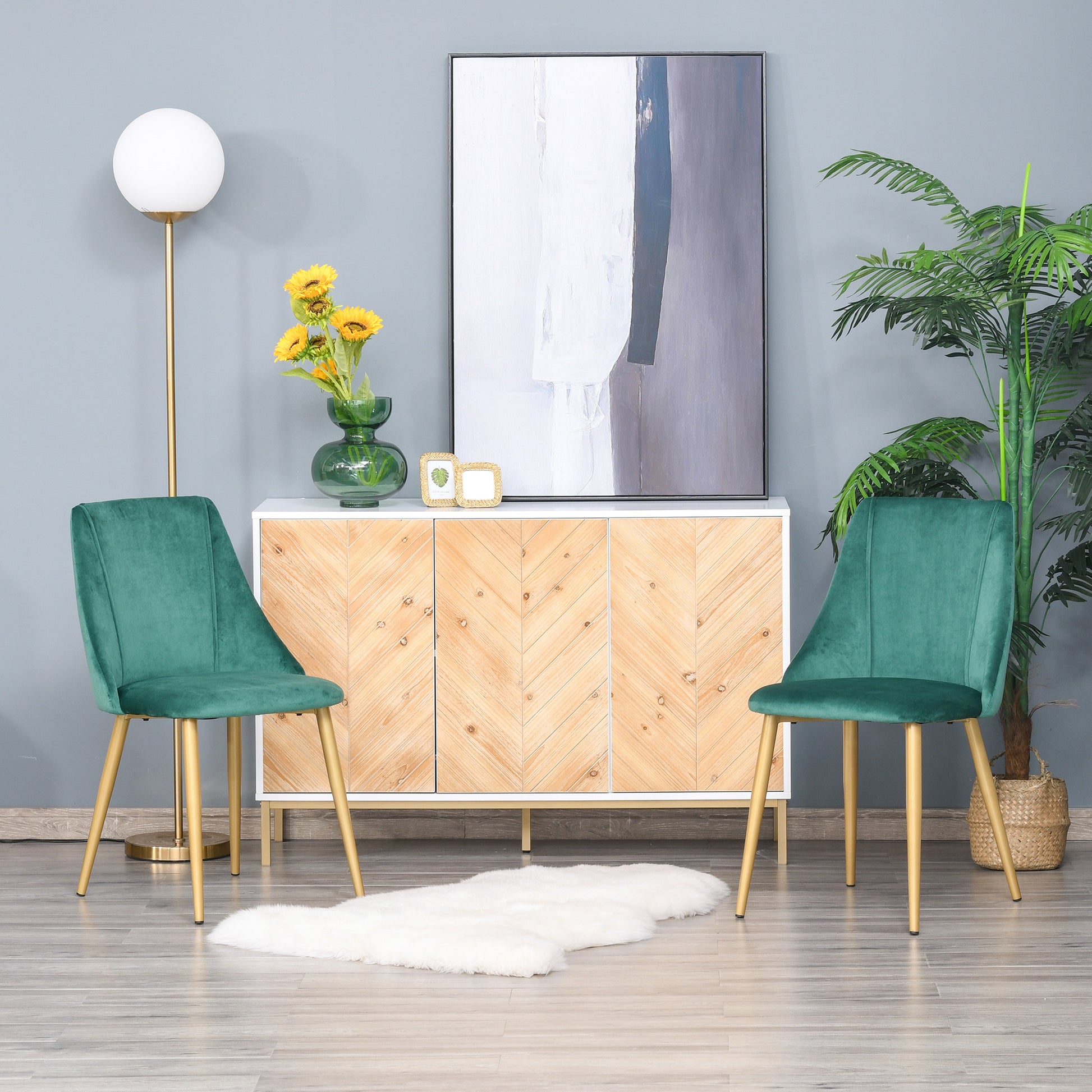 Set of 2 Modern Upholstered Dining Chairs with Backrest, Iron Legs for Kitchen, Living Room or Lounge in Modern Style, Green, 50x56.5x85cm