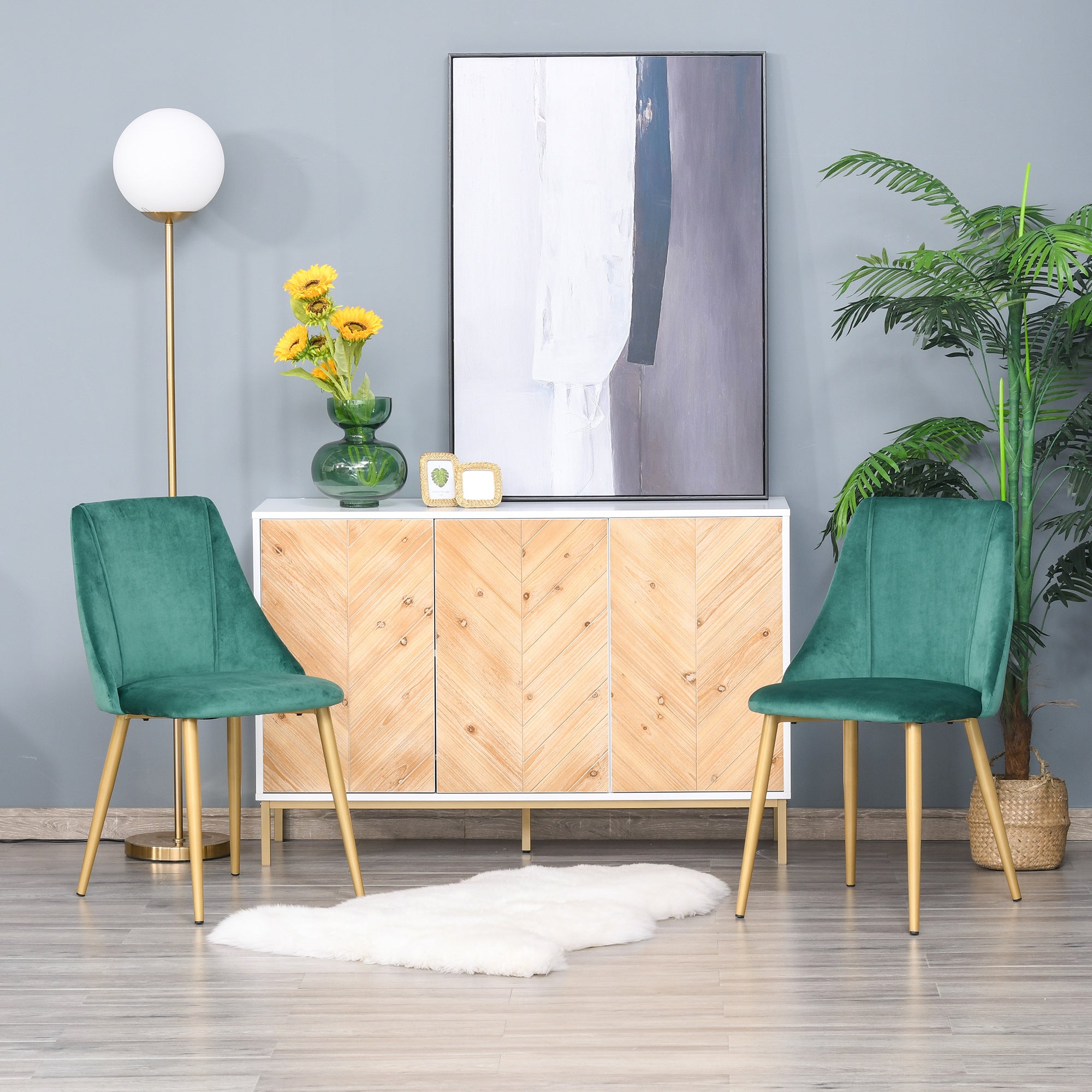 Set of 2 Modern Upholstered Dining Chairs with Backrest, Iron Legs for Kitchen, Living Room or Lounge in Modern Style, Green, 50x56.5x85cm
