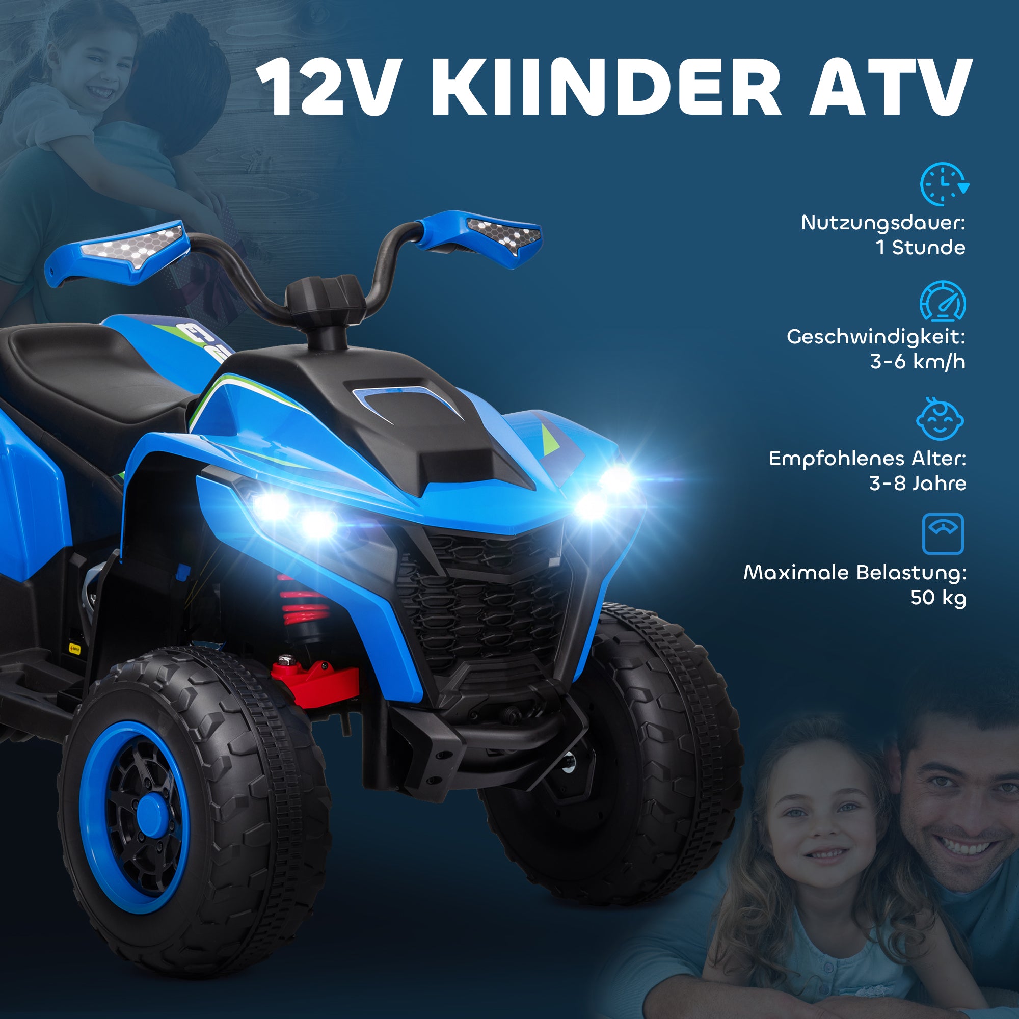 Electric Quad for Kids 12V Electric Children's Quad with 2 Motors, 3-6km/h Children's Quad with Suspension, LED Light, Kids Car with USB, Music for 3-8 Years, Blue