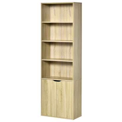 Bookshelf with 4 Open Compartments and 2 Doors for Living Room Study Office Load 80 kg 59x29x180 cm Natural