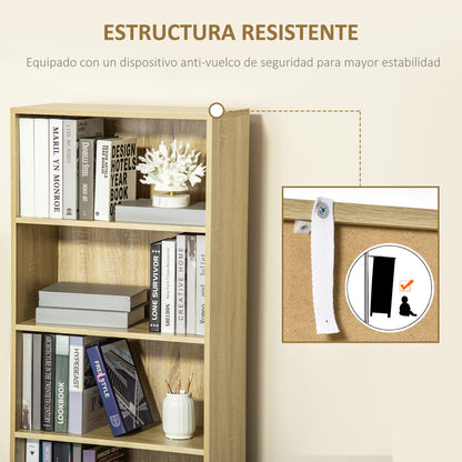 Bookshelf with 4 Open Compartments and 2 Doors for Living Room Study Office Load 80 kg 59x29x180 cm Natural