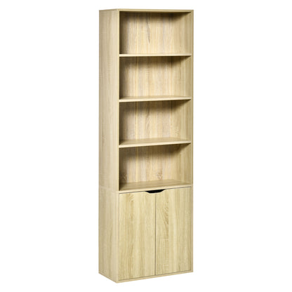 Bookshelf with 4 Open Compartments and 2 Doors for Living Room Study Office Load 80 kg 59x29x180 cm Natural