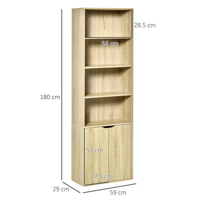 Bookshelf with 4 Open Compartments and 2 Doors for Living Room Study Office Load 80 kg 59x29x180 cm Natural