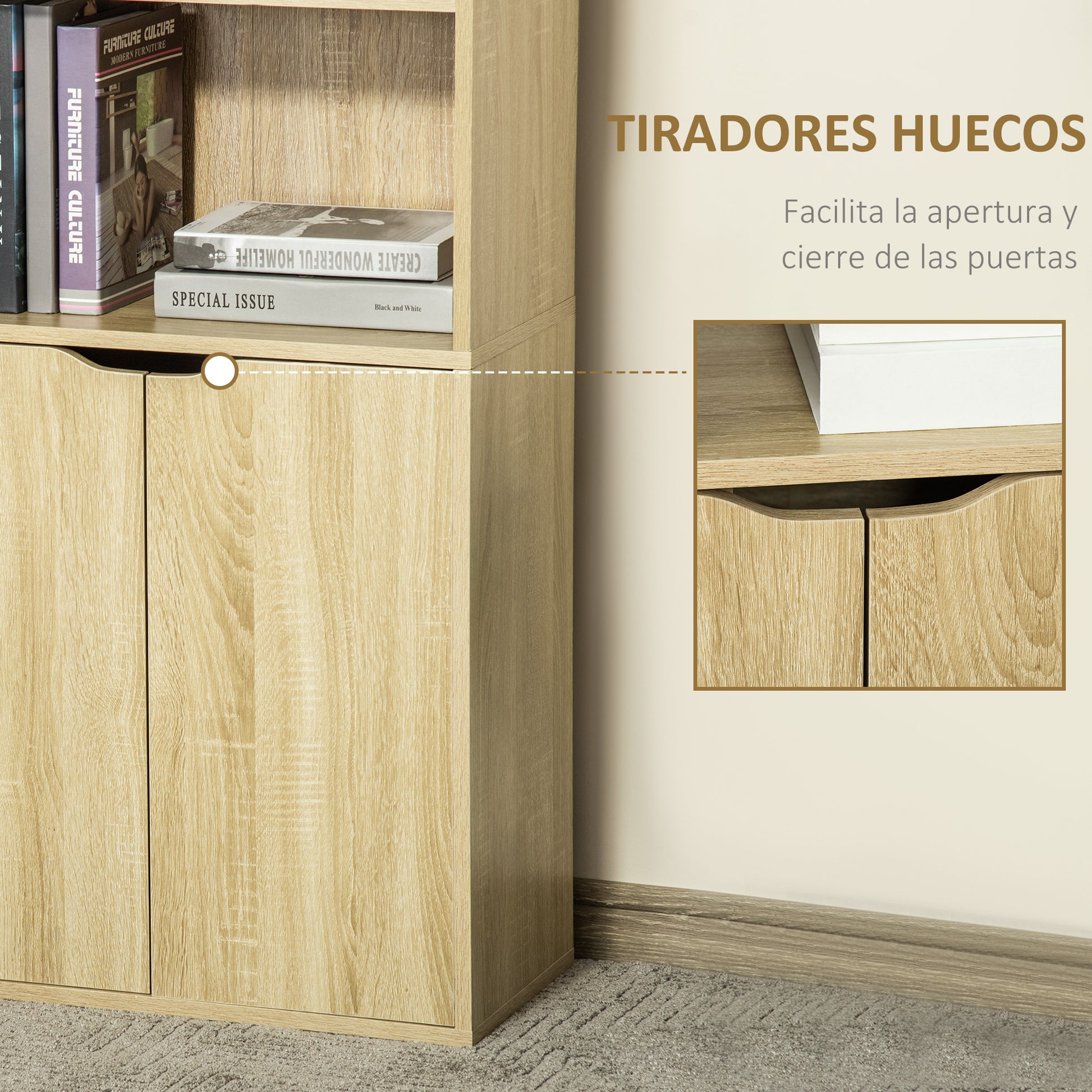 Bookshelf with 4 Open Compartments and 2 Doors for Living Room Study Office Load 80 kg 59x29x180 cm Natural