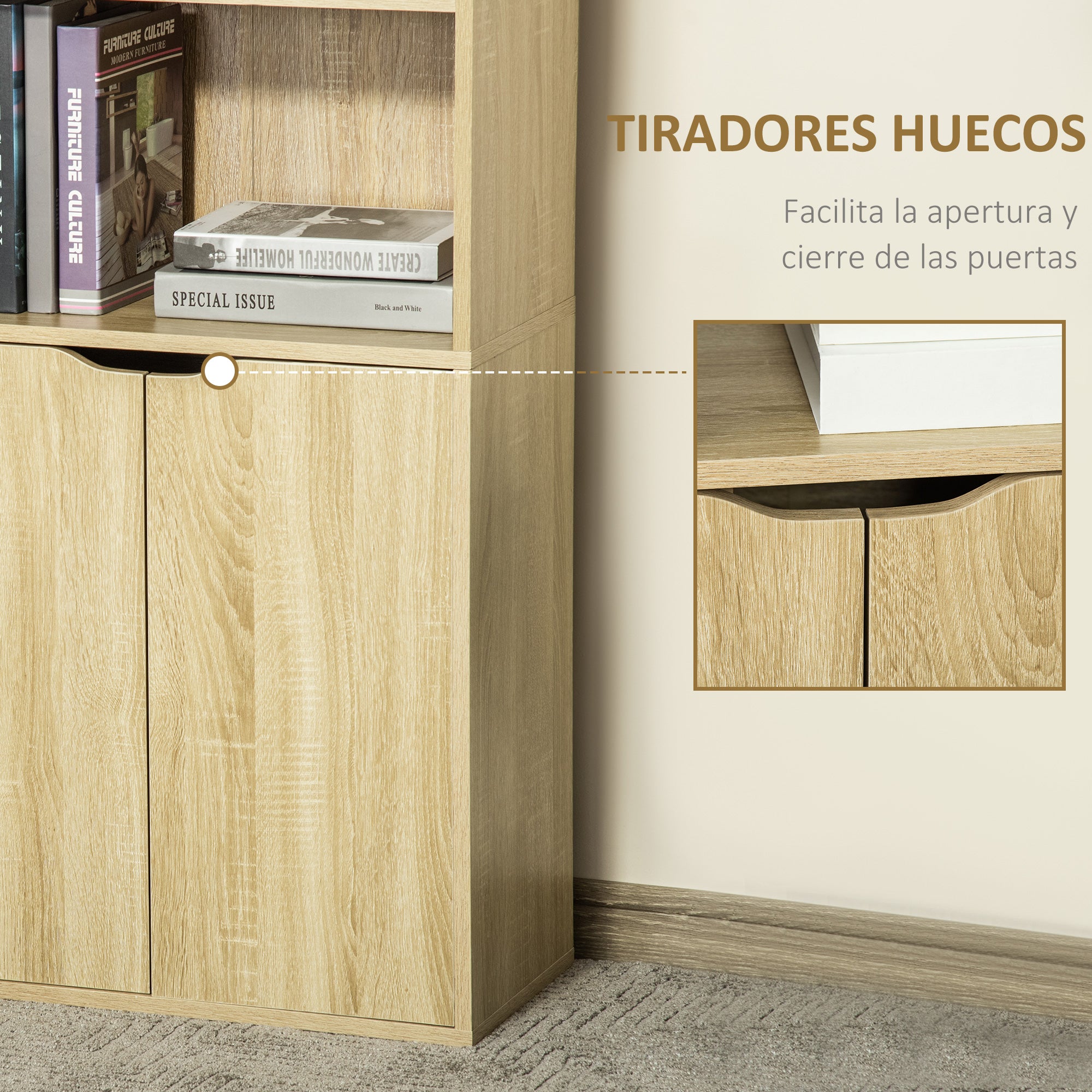 Bookshelf with 4 Open Compartments and 2 Doors for Living Room Study Office Load 80 kg 59x29x180 cm Natural