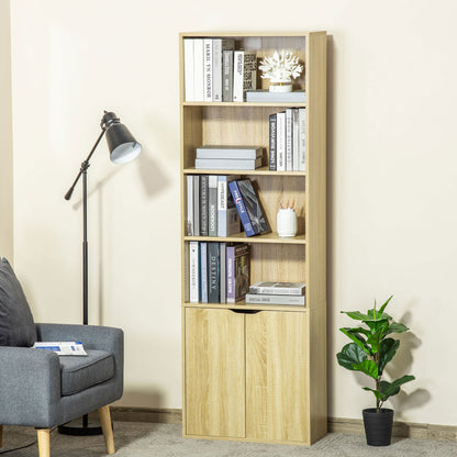 Bookshelf with 4 Open Compartments and 2 Doors for Living Room Study Office Load 80 kg 59x29x180 cm Natural