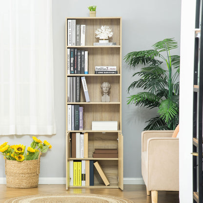 Bookshelf with 4 Open Compartments and 2 Doors for Living Room Study Office Load 80 kg 59x29x180 cm Natural