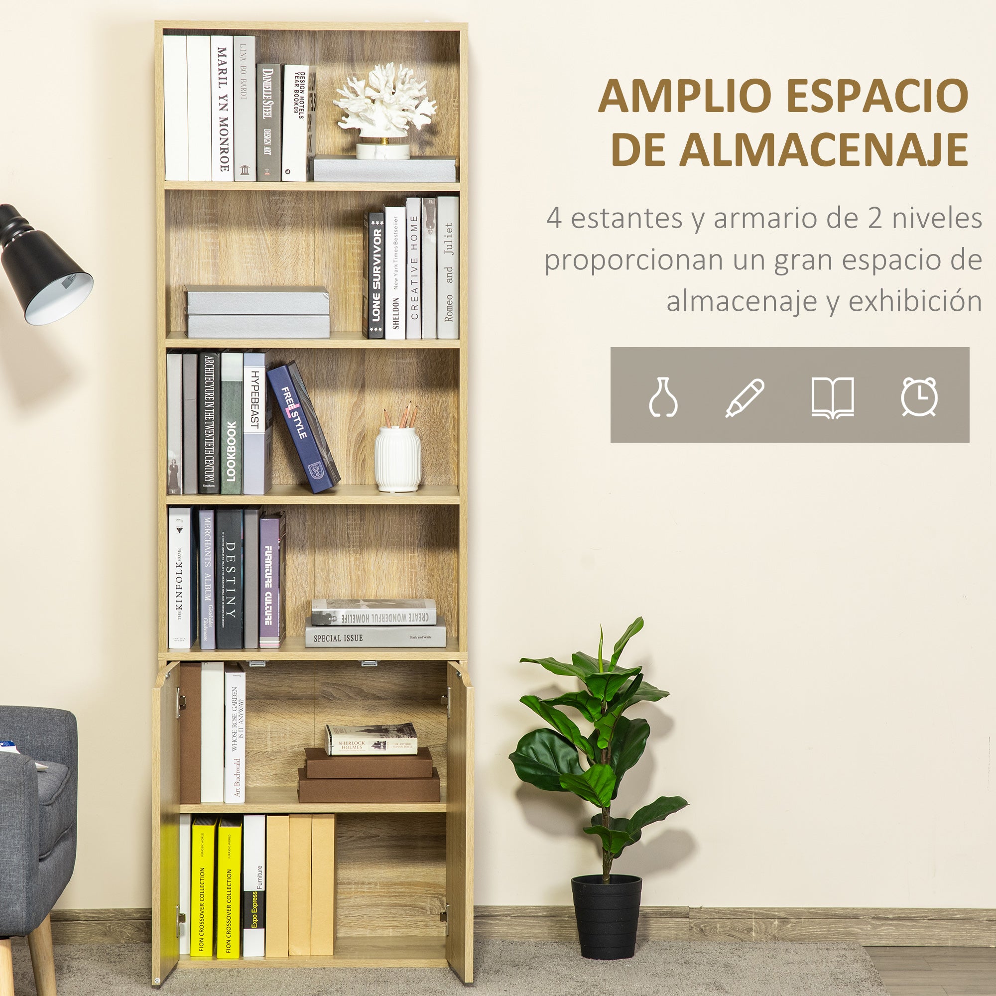 Bookshelf with 4 Open Compartments and 2 Doors for Living Room Study Office Load 80 kg 59x29x180 cm Natural