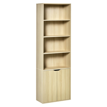 Bookshelf with 4 Open Compartments and 2 Doors for Living Room Study Office Load 80 kg 59x29x180 cm Natural