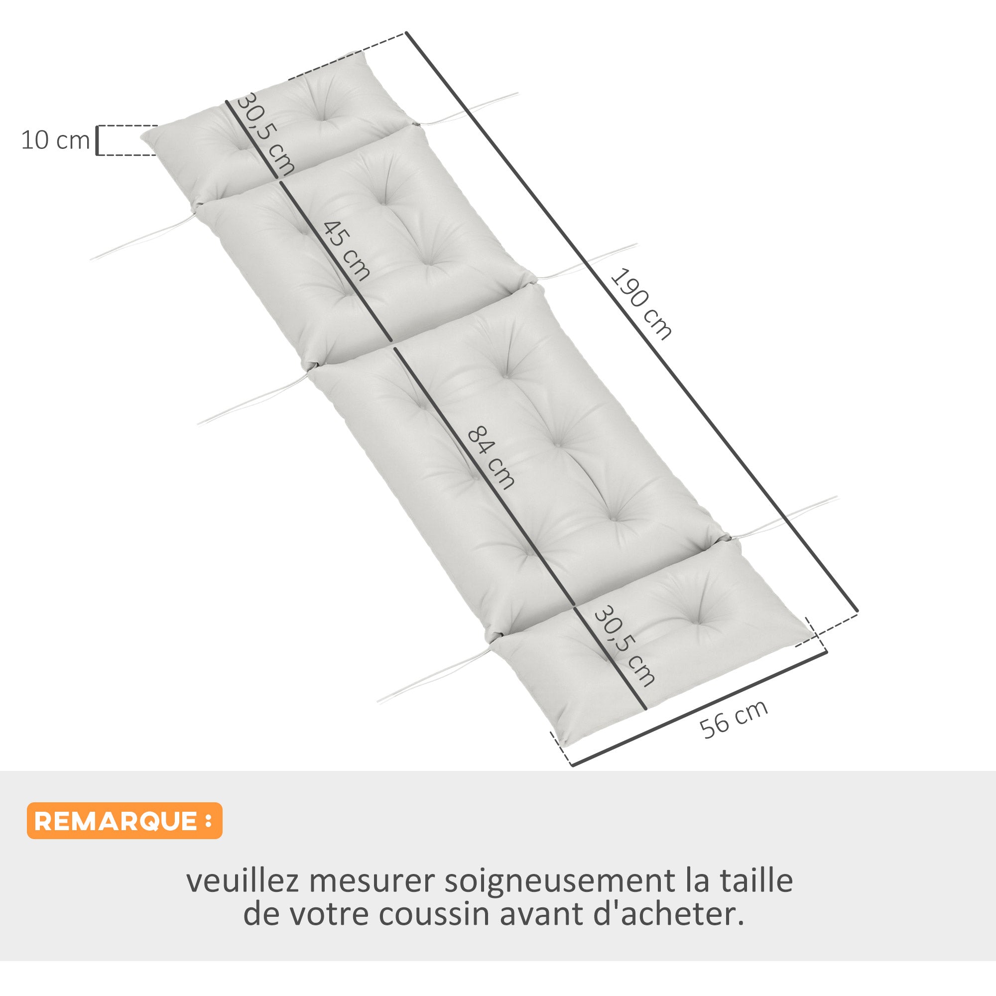 Thick Sun Lounger Cushion, Lounger Cushion 190 x 56 x 10 cm, UPF20+, Lounger Mattress with Six Fastenings, for Garden, Patio, Balcony, Light Gray