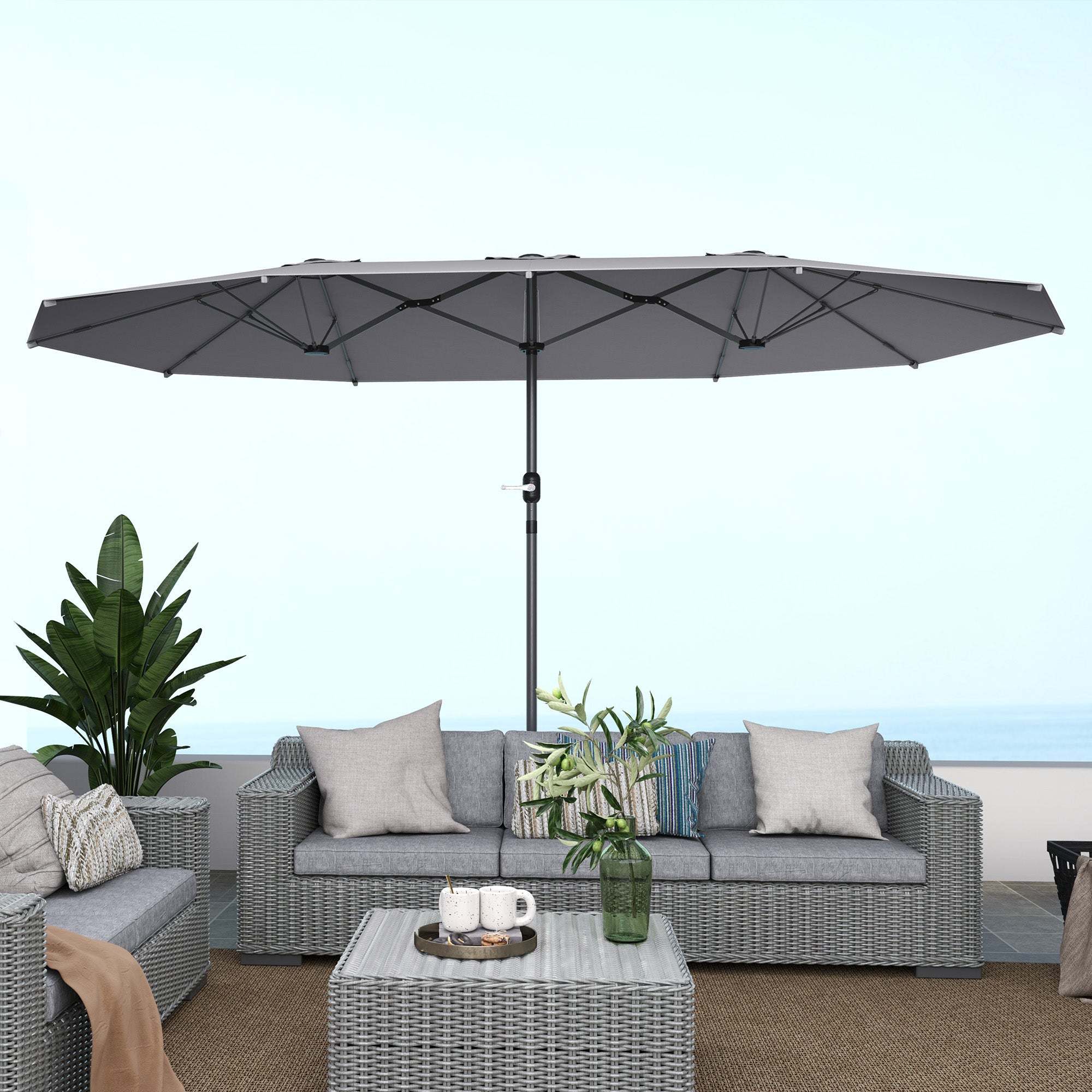 Double-Sided Sunshade 436 x 260 cm, UV Protection Steel Sunshade with Hand Crank, Oval Balcony Sunshade Beach Sunshade Windproof Stable Market Sunshade Crank Sunshade for Beach Balcony Garden, Dark Grey