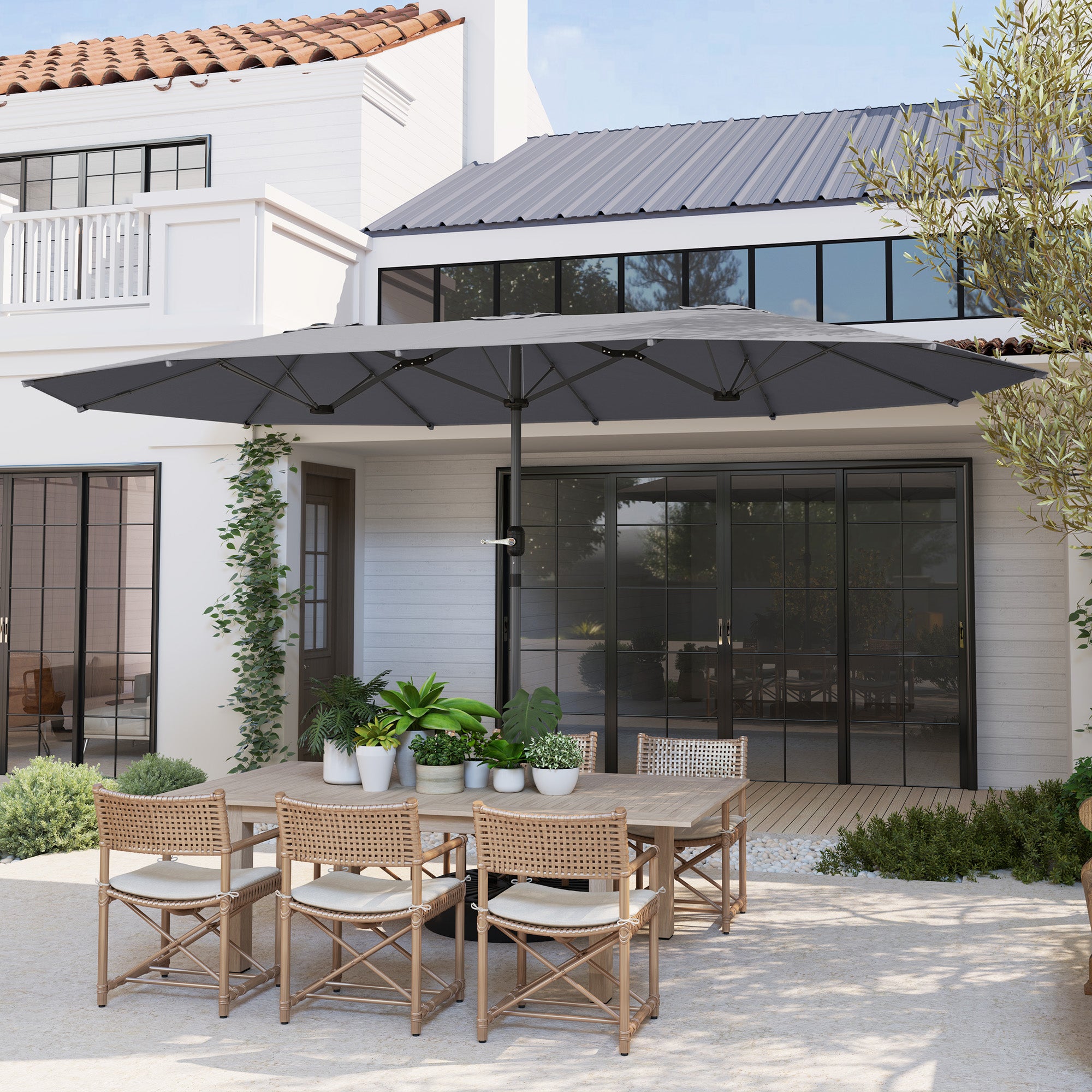 Double-Sided Sunshade 436 x 260 cm, UV Protection Steel Sunshade with Hand Crank, Oval Balcony Sunshade Beach Sunshade Windproof Stable Market Sunshade Crank Sunshade for Beach Balcony Garden, Dark Grey