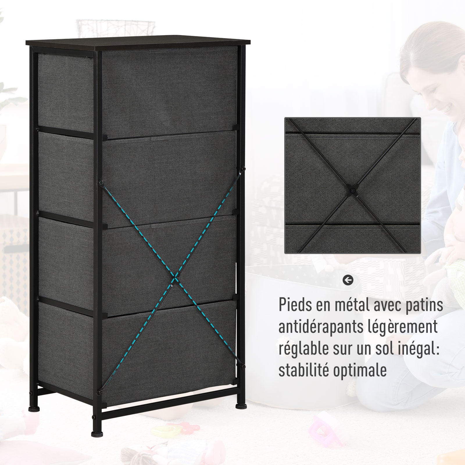 Fabric Chest of Drawers Storage Unit 4 Drawers Chiffonier dim. 45L x 30W x 92H cm Gray Metal Frame