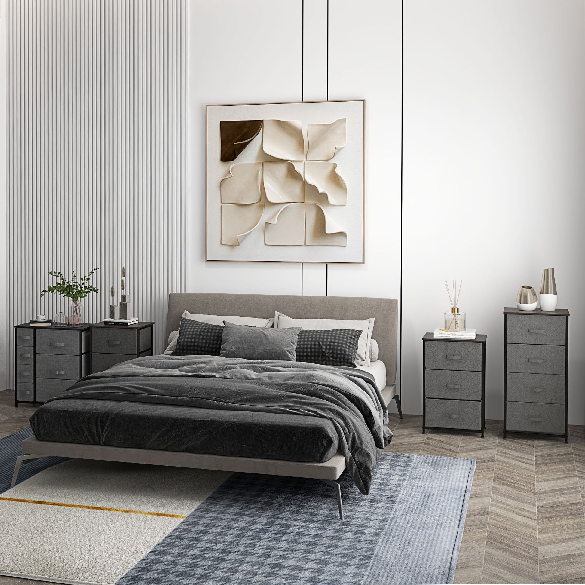 Fabric Chest of Drawers Storage Unit 4 Drawers Chiffonier dim. 45L x 30W x 92H cm Gray Metal Frame