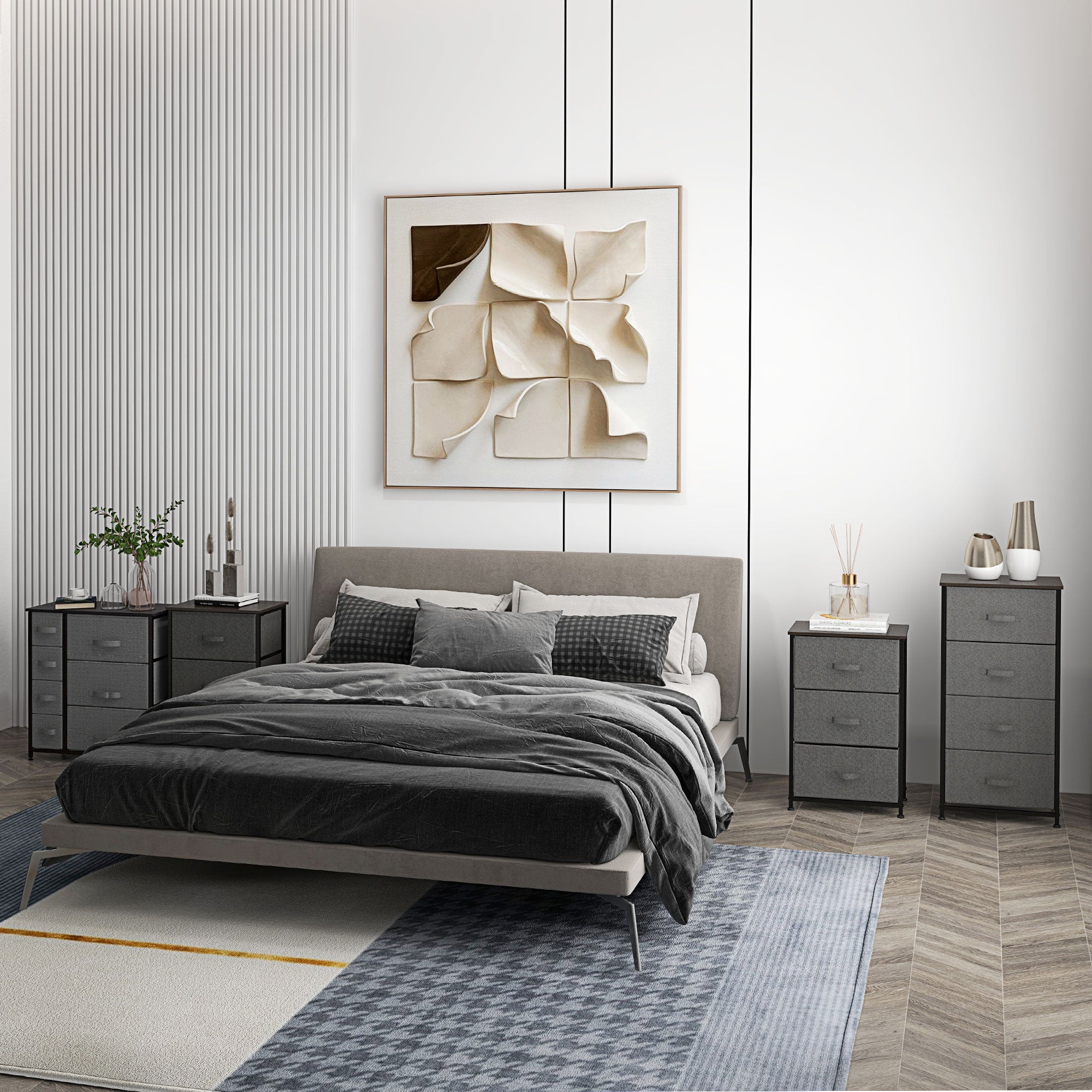 Fabric Chest of Drawers Storage Unit 4 Drawers Chiffonier dim. 45L x 30W x 92H cm Gray Metal Frame