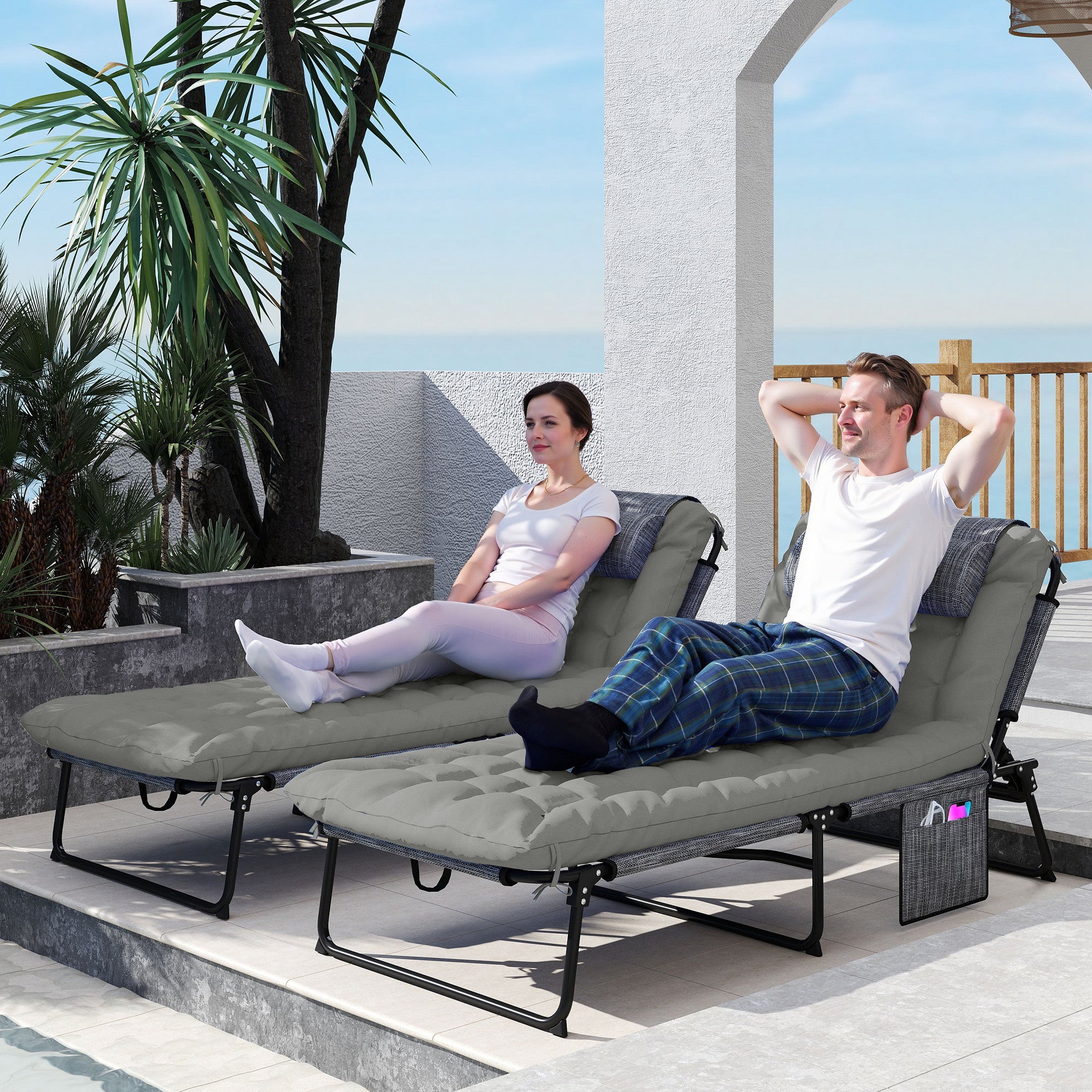 Set of 2 Folding Sun Loungers with 4-Position Reclining Backrest - Headrest and Ultra Comfortable Thick Mattress - Textilene Fabric and Steel, Gray