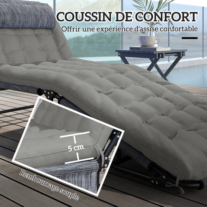 Set of 2 Folding Sun Loungers with 4-Position Reclining Backrest - Headrest and Ultra Comfortable Thick Mattress - Textilene Fabric and Steel, Gray