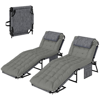 Set of 2 Folding Sun Loungers with 4-Position Reclining Backrest - Headrest and Ultra Comfortable Thick Mattress - Textilene Fabric and Steel, Gray