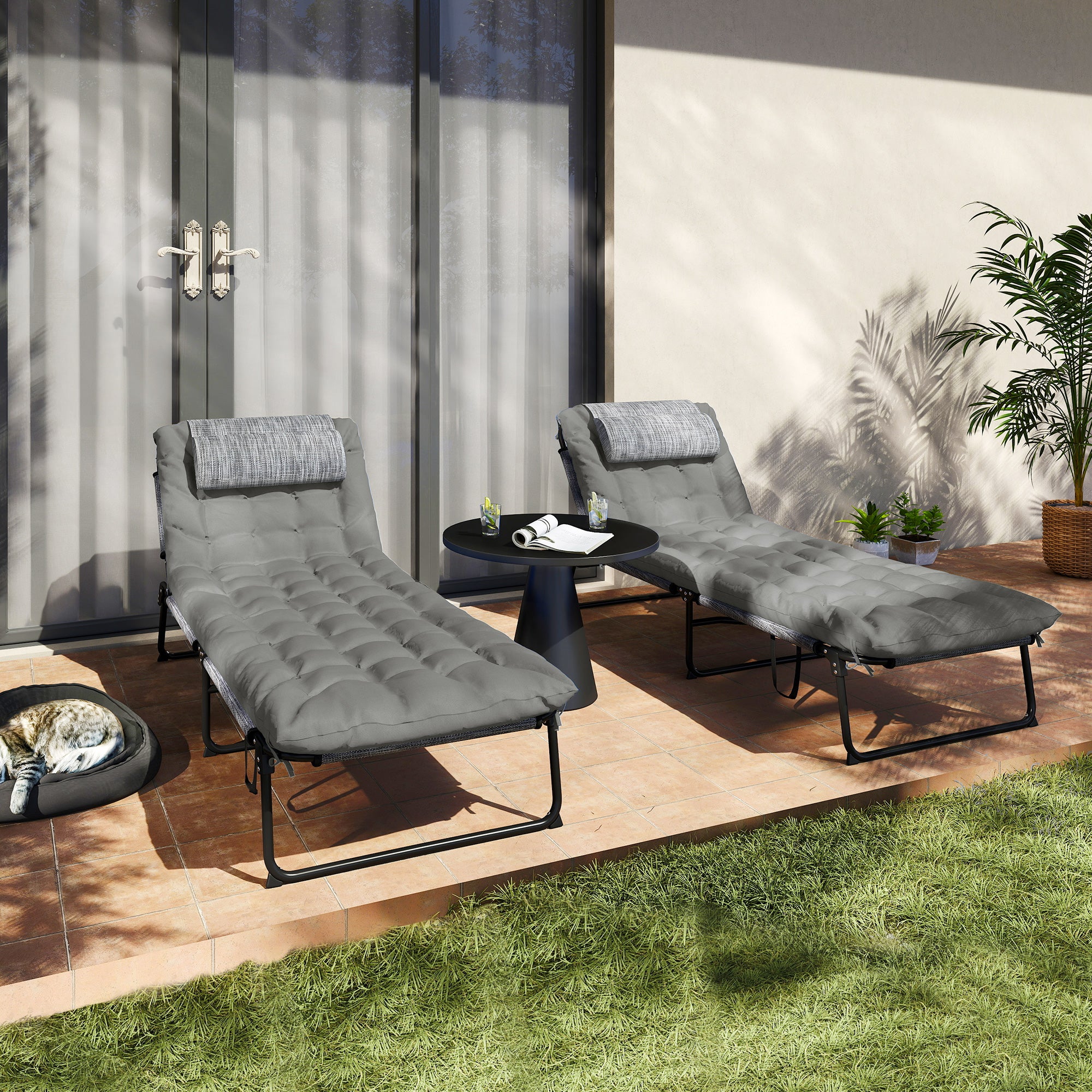 Set of 2 Folding Sun Loungers with 4-Position Reclining Backrest - Headrest and Ultra Comfortable Thick Mattress - Textilene Fabric and Steel, Gray