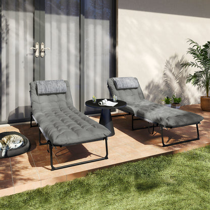Set of 2 Folding Sun Loungers with 4-Position Reclining Backrest - Headrest and Ultra Comfortable Thick Mattress - Textilene Fabric and Steel, Gray