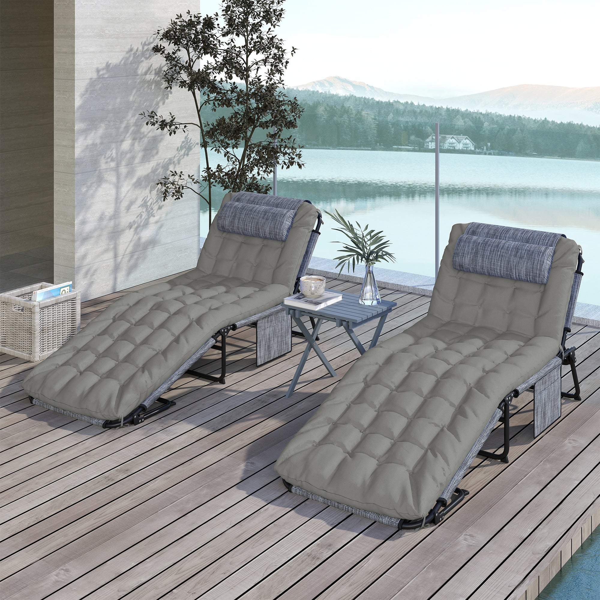 Set of 2 Folding Sun Loungers with 4-Position Reclining Backrest - Headrest and Ultra Comfortable Thick Mattress - Textilene Fabric and Steel, Gray