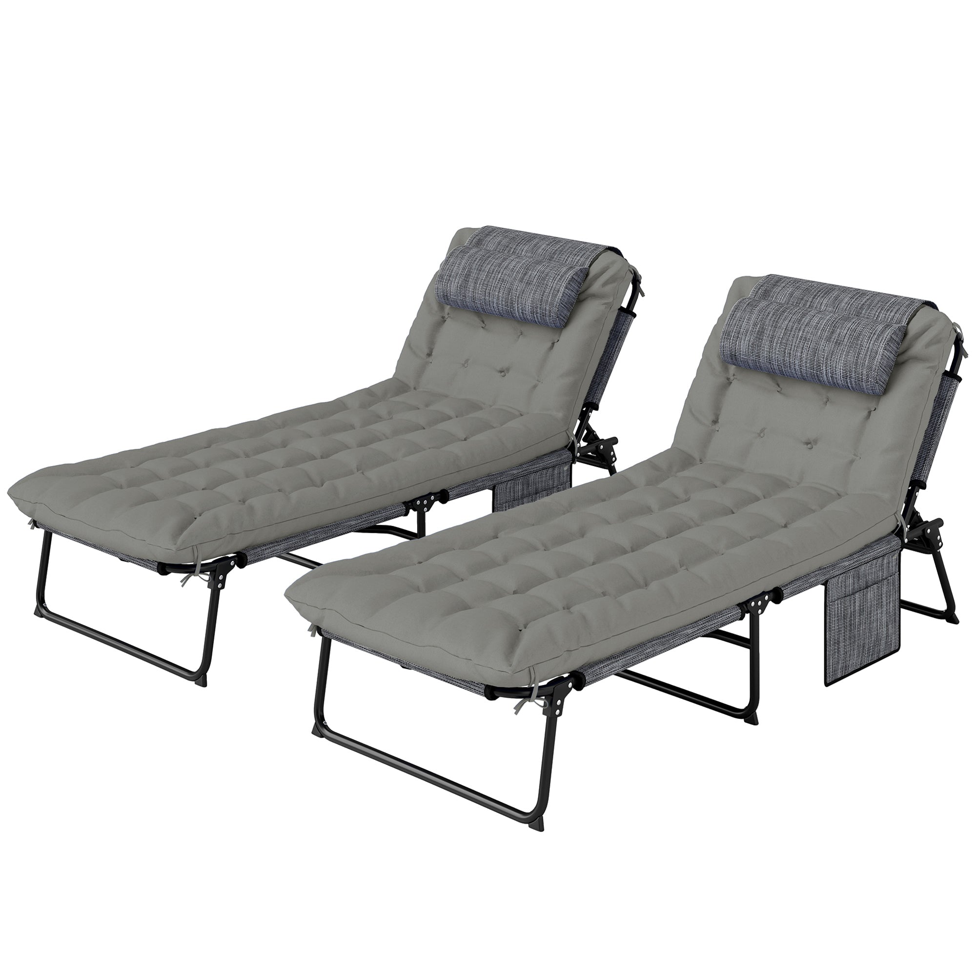 Set of 2 Folding Sun Loungers with 4-Position Reclining Backrest - Headrest and Ultra Comfortable Thick Mattress - Textilene Fabric and Steel, Gray
