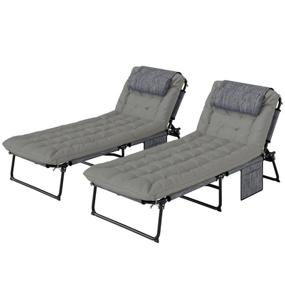 Set of 2 Folding Sun Loungers with 4-Position Reclining Backrest - Headrest and Ultra Comfortable Thick Mattress - Textilene Fabric and Steel, Gray