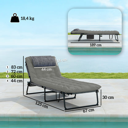 Set of 2 Folding Sun Loungers with 4-Position Reclining Backrest - Headrest and Ultra Comfortable Thick Mattress - Textilene Fabric and Steel, Gray
