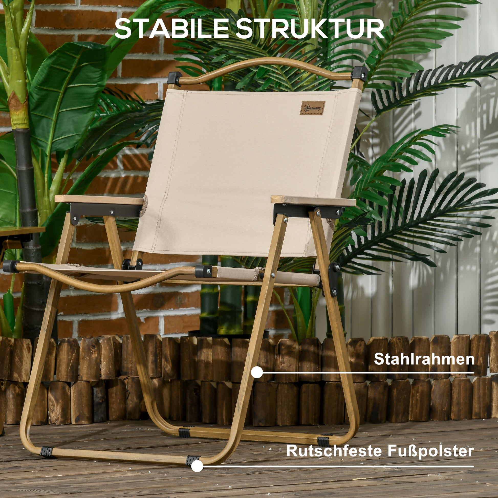 Camping Chair 2-Pack foldable garden chair with steel frame, wood look, folding chair for pool, beach, Oxford, Khaki