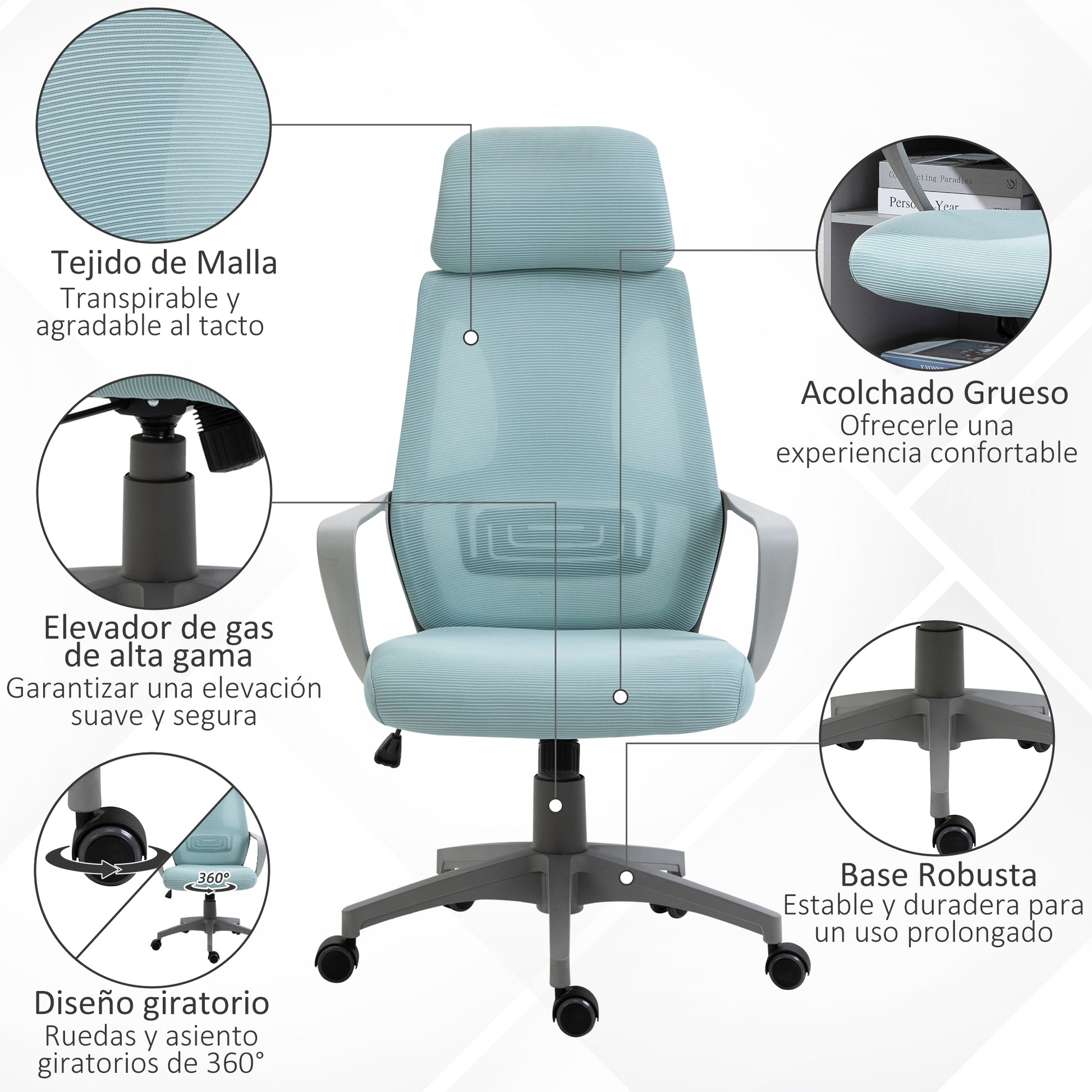 Office Chair Desk Chair Adjustable with Backrest Armrests Headrest Wheels and Rocking Function Load 120 kg 64x55x116-126 cm Blue
