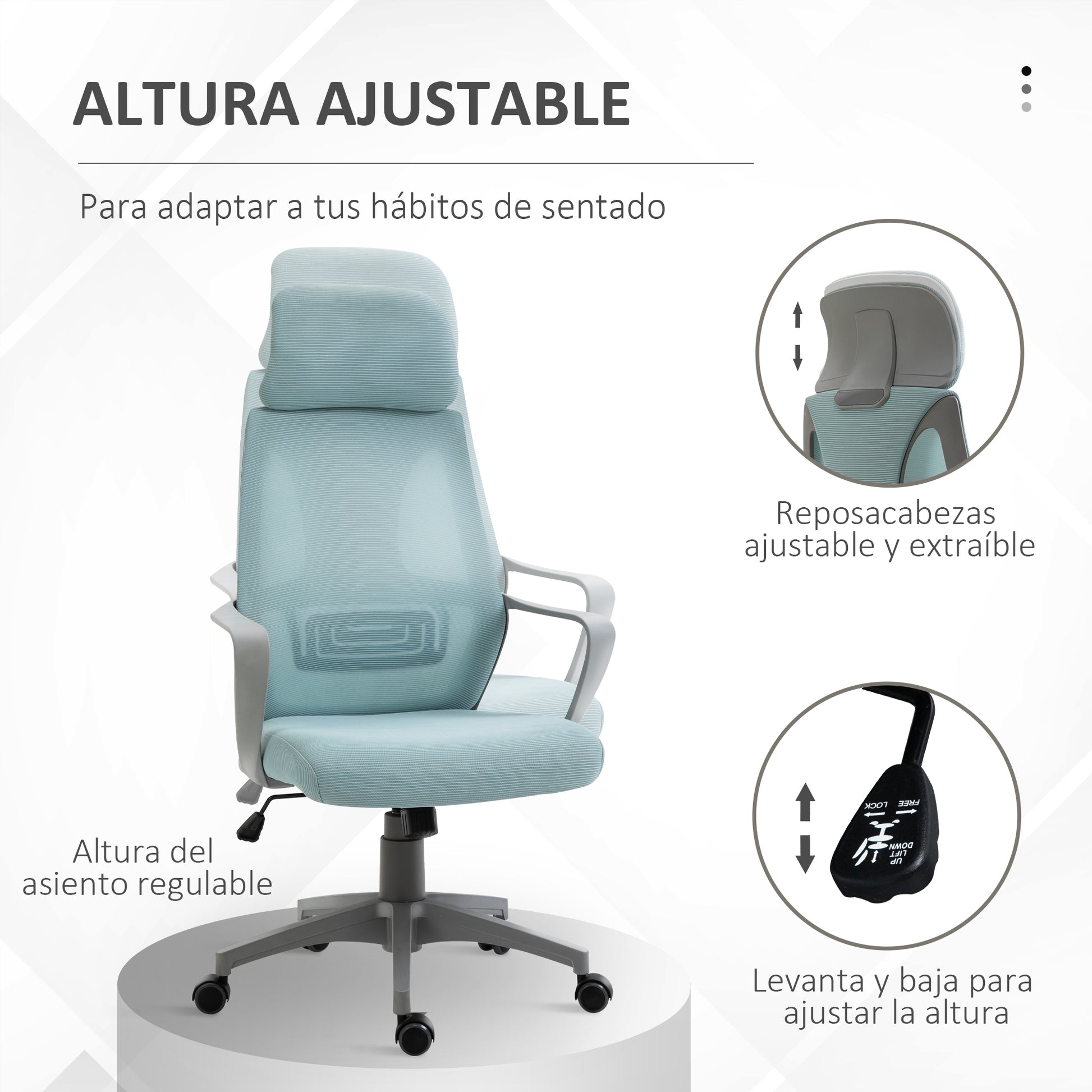 Office Chair Desk Chair Adjustable with Backrest Armrests Headrest Wheels and Rocking Function Load 120 kg 64x55x116-126 cm Blue