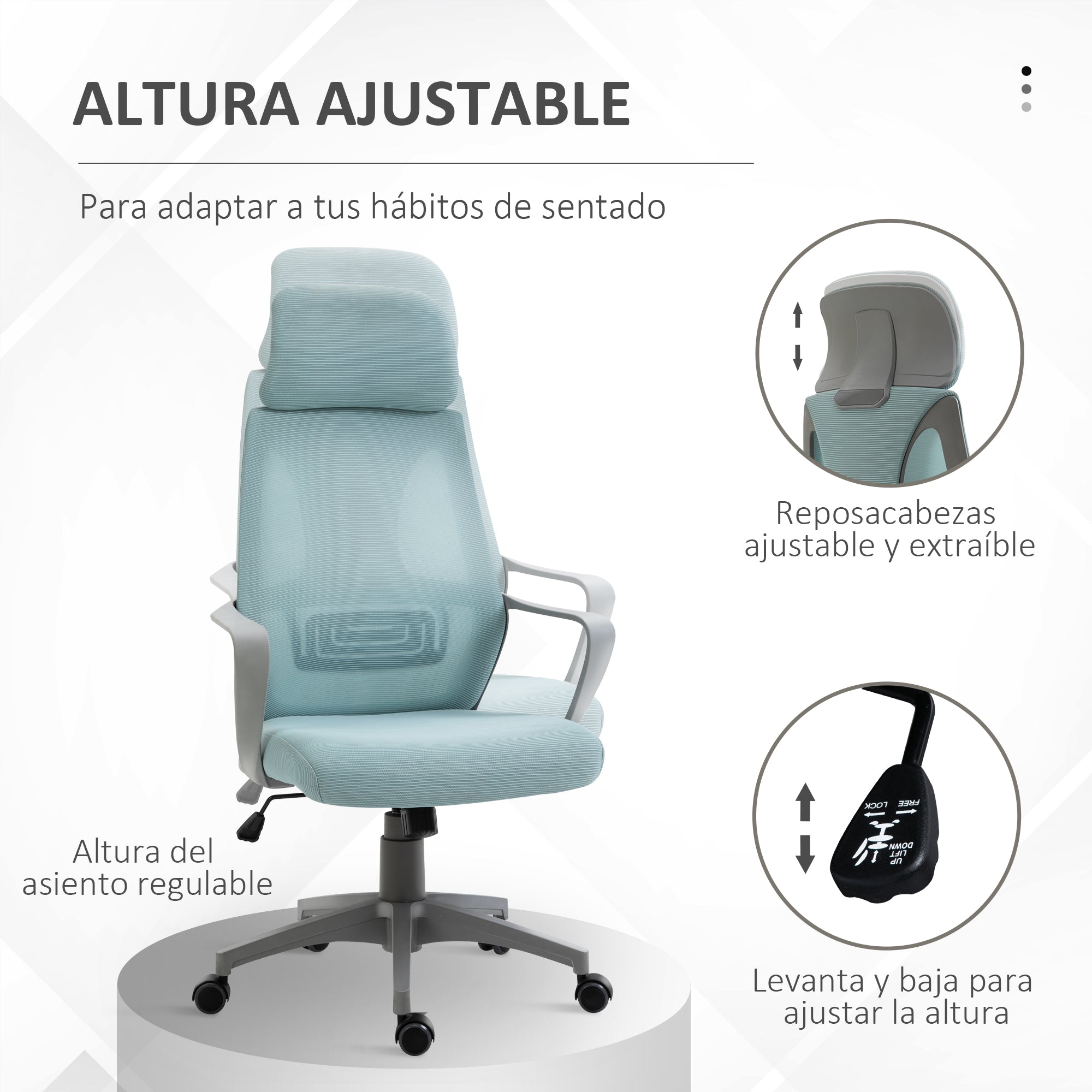 Office Chair Desk Chair Adjustable with Backrest Armrests Headrest Wheels and Rocking Function Load 120 kg 64x55x116-126 cm Blue
