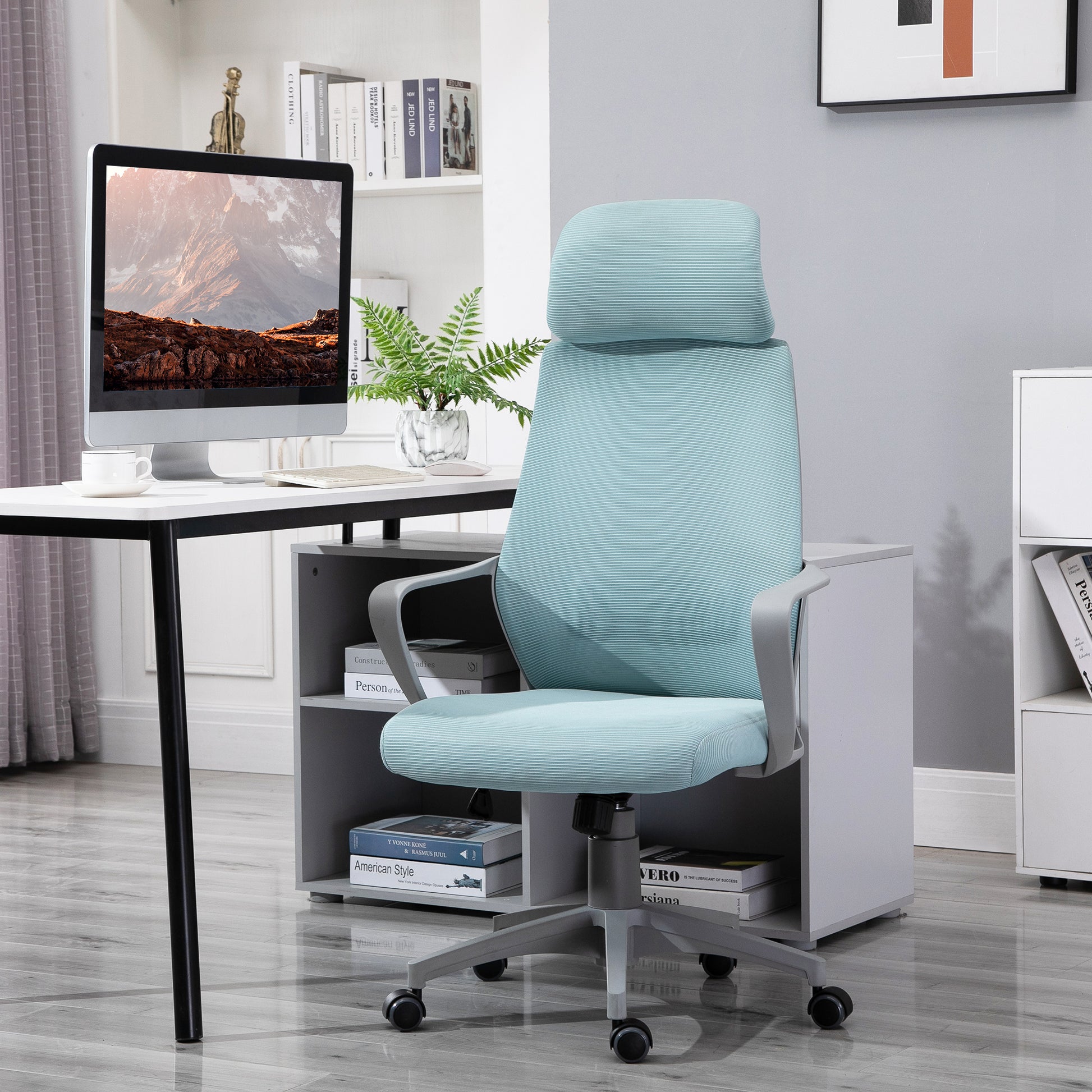 Office Chair Desk Chair Adjustable with Backrest Armrests Headrest Wheels and Rocking Function Load 120 kg 64x55x116-126 cm Blue